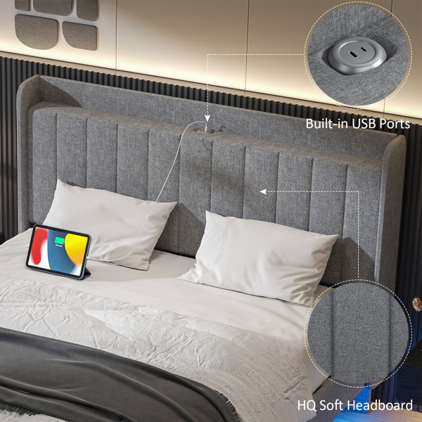 Ivy Bronx LED Upholstered Bed Frame Floating Bed Frame With Wingback Storage Headboard & Reviews